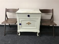 A painted French cabinet fitted a drawer with glass handles and marble top,