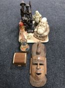 A tray of carved wooden figures, Babooska dolls,