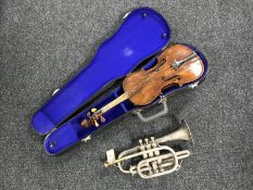 A chrome Barratts bugle and a 20th century violin in hard case