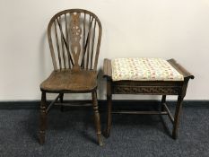 A oak wheel back dining chair together with an early twentieth century mahogany storage piano stool