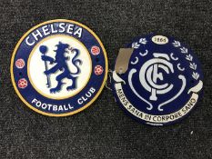 Two cast iron football crest plaques,