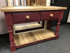 A reclaimed pine painted two drawer side table,