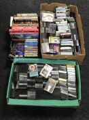 Two boxes, a crate and a bag containing assorted cassette tapes,