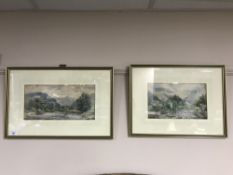 A pair of watercolours depicting a stream flowing through a valley,