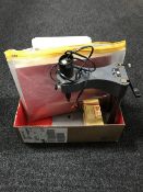 A box containing radio spares, including drill for printed circuits with stand and accessories,