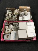 Two boxes containing assorted pill boxes, china figures, collectors plates,