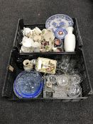 Two baskets containing assorted glassware, hand painted china lidded dish,