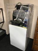 A perspex cube marine fish tank on stand and a large quantity of accessories inclduing filters,