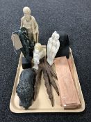 A tray containing chalk wall plaques and figures, an Egyptian bust,