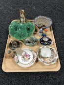 A tray containing a Minton leaf shaped plate, a Wade cat ornament,
