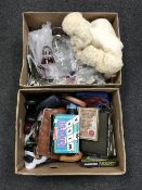 Two boxes containing lead crystal, a collection of thimbles, ladies bags,