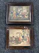 A pair of antiquarian rosewood framed hand-coloured engravings,