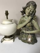 An Art Nouveau style chalk bust of a lady together with a pottery table lamp
