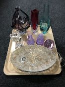 A tray containing assorted Caithness and other studio glass, crystal twin handled tray,