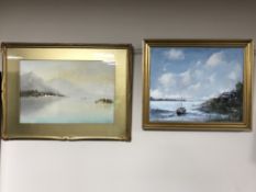 A gilt framed watercolour depicting a Mediterranean lake scene, signed Cole,