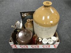 A box containing plated goblets, vintage stoneware flagons, a lidded cooking pot,