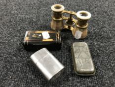 A pair of French mother of pearl opera glasses, together with a inlaid snuff box,