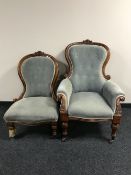 A Victorian mahogany framed gentleman's armchair and matching lady's chair