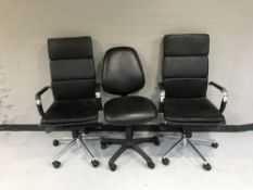 Two chrome and leather high back office armchairs and typists chair