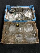 Two boxes containing assorted glassware, plated ware, barometer,