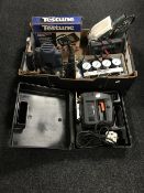 A box containing electric power tools, cased Gunsons testune diagnostic multimeter,