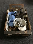 A box containing a Benshaw book rest, antique brass door handles, china trinket tray,