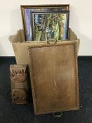 A box containing assorted frame pictures including Woolwork panels, prints, Dutch masters,