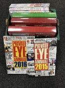 A box of Private eye annuals and three sporting gift packs.