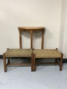 A d-shaped hall table and a pair of pine stools