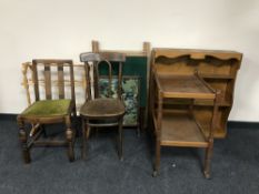 A folding card table, fire screen, clothes airer, towel rail, two tier trolley, dining chair,