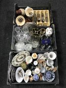 Three boxes containing assorted glassware, light fitting, seventies pottery light fitting,