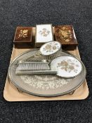 A tray containing a dressing table brush set, inlaid trinket boxes,