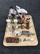 A tray containing a Staffordshire figure of a fisherman,