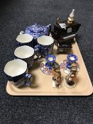 A tray containing a pair of Maling lustre dwarf candlesticks, West German figures,