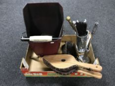 A box containing a large set of bellows, coal bucket with shovel, companion sets,