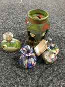 Two antique hand blown coloured glass miniature jugs together with a hand painted perfume bottle by