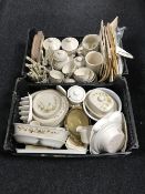 Two boxes containing a quantity of harvest pattern over to tableware including matching cutlery,