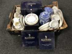 A box containing Royal Doulton Minerva tableware, together with assorted tea china,