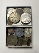 A collection of coins including Chinese coins, silver three pence piece, George III Crown,