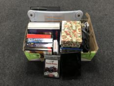 A box containing a Nintendo Wii, a Wii Fit board, computer games, etc,