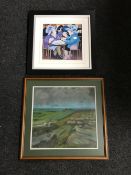 A box containing assorted framed prints and tapestries,