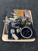A tray containing a collection of boxed and unboxed silver plated cutlery,
