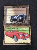 A hand painted pine panel, depicting a Jaguar XK sports car,