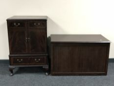 An inlaid mahogany audio cabinet together with a blanket box