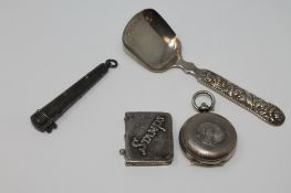 Silver to include a Georgian spoon, stamp case, sovereign case,