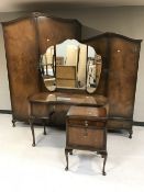 A four piece walnut Queen Anne style bedroom suite : two wardrobes,