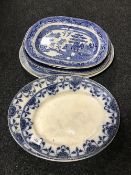 Seven antique blue and white meat plates