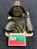 A tray containing an oak mantel clock, a vintage brass fire extinguisher, assorted brass ware,