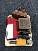 A tray containing a Union Jack flag, an early twentieth century metal desk stand,