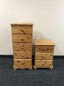 A narrow pine five drawer chest,